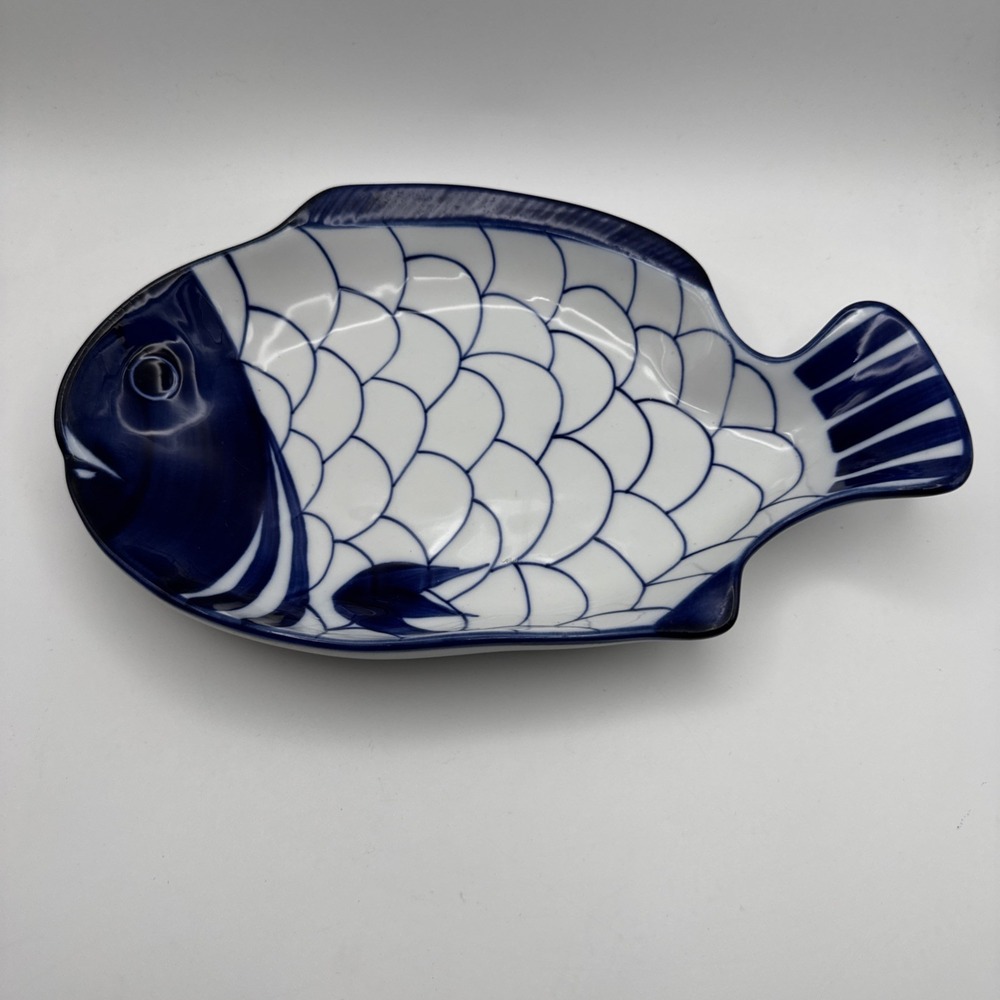 Vintage 90s Dansk Arabesque Fish Bowl Serving Platter Plate Blue & White